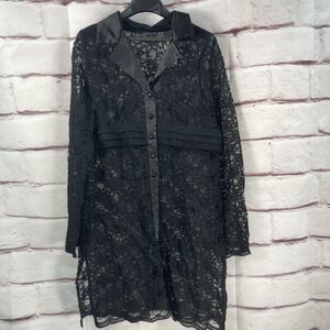Susan Graver Black Lace Overlay Dress Satin Trim Button Front Holiday Party 18